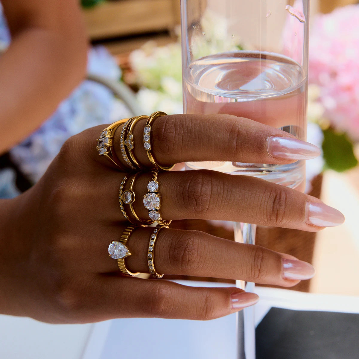 18K Gold Plated Crystal Ring Set of 6 | Waterproof Stackable Ring Stack | CZ Diamond Style Gold Ring Collection