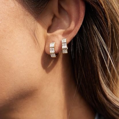 18K Gold Plated Baguette CZ Huggie Hoop Earrings | Waterproof Double Row Channel Set Crystal Earrings | Diamond Style Chunky Hoop Earrings