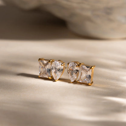 18K Gold Plated Double Stone CZ Stud Earrings | Waterproof Pear & Princess Cut Crystal Earrings | Diamond Style Toi et Moi Stud Earrings