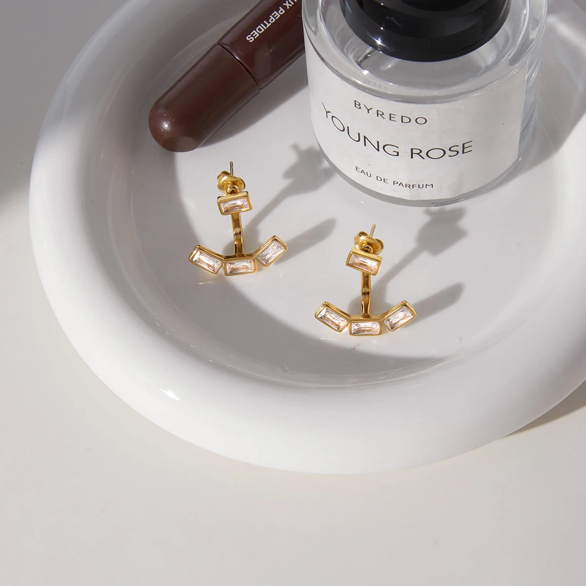 18K Vergulde Baguette CZ Oorjassen | Waterdichte Vier Steens Voor- en Achterkant Oorbellen | Art Deco Diamantstijl Oorbellen