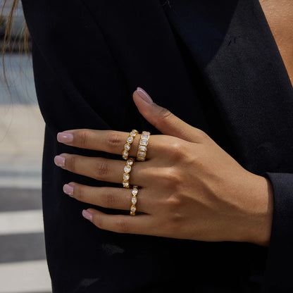 Luxury Gold Stacked Ring Set – Multi-Shape Crystal Bands (Heart, Round, Teardrop, Baguette)
