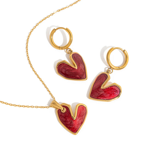 Premium 18K Vergulde Rode Hartketting & Creolen Set voor Vrouwen – Waterdichte & Aanslagvrije Sieraden