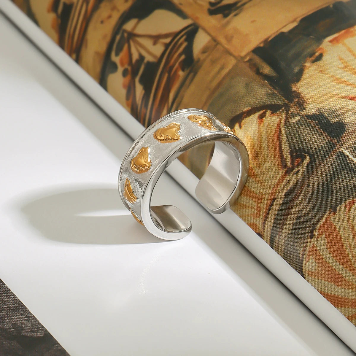 18K Gold Plated Two-Tone Heart Cuff Ring – Waterproof, Tarnish-Free Statement Jewellery