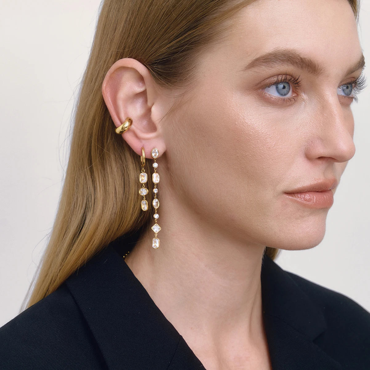 18K Gold Plated Triple White & Red Crystal Drop Earrings | Waterproof Bezel Set CZ Dangle Huggie Hoop Earrings | Diamond Style Drop Earrings