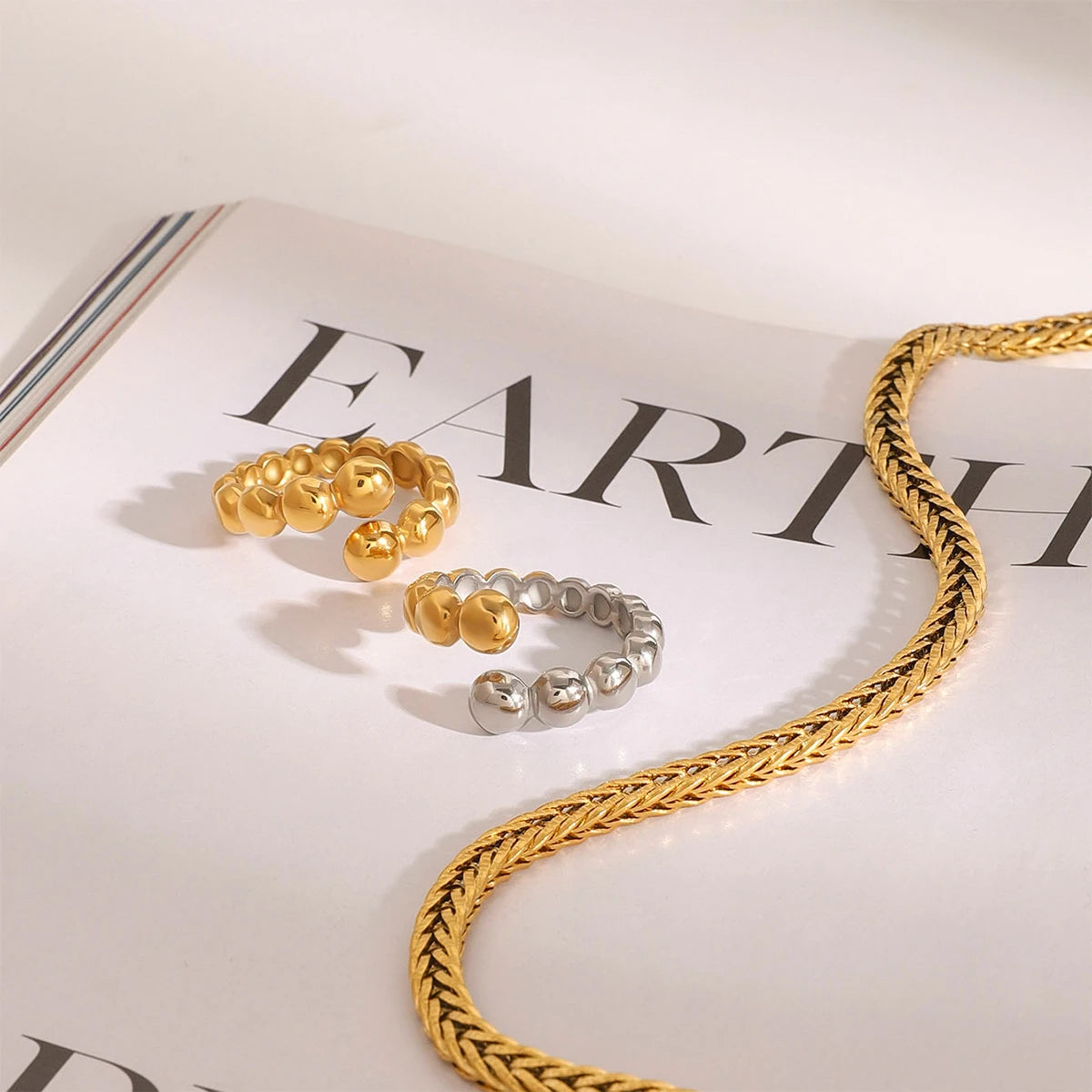 18K Vergulde Bubble Kraal Open Ring | Verstelbare Waterdichte Ball Chain Ring | Verkrijgbaar in Goud & Zilver