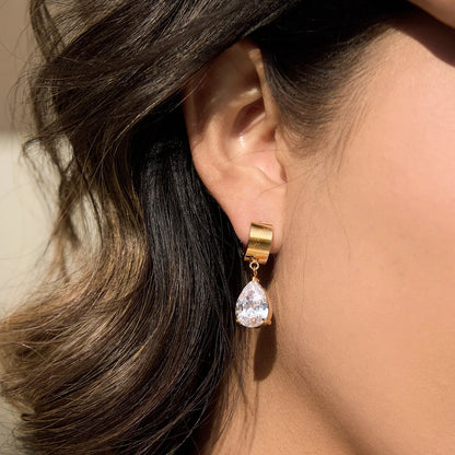 18K Gold Plated CZ Drop Huggie Hoop Earrings | Waterproof Pear, Round & Princess Cut Crystal Dangle Earrings | Diamond Style Gift Set