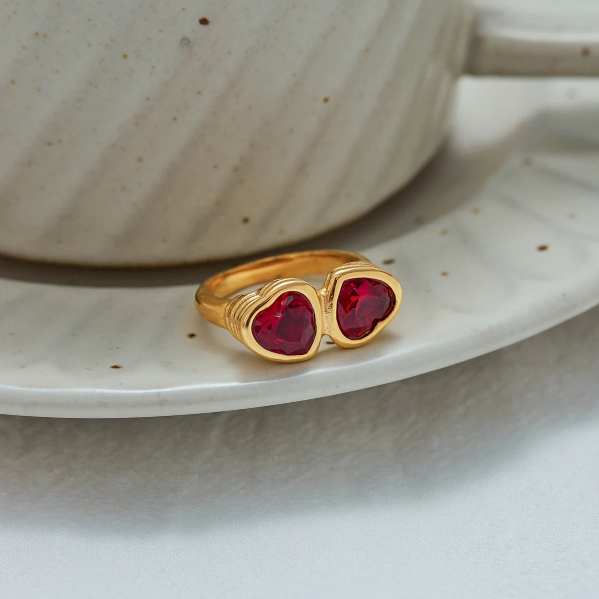 18K Gold Plated Double Red Heart Crystal Ring | Waterproof Toi et Moi Statement Ring | Bezel Set Heart Ring