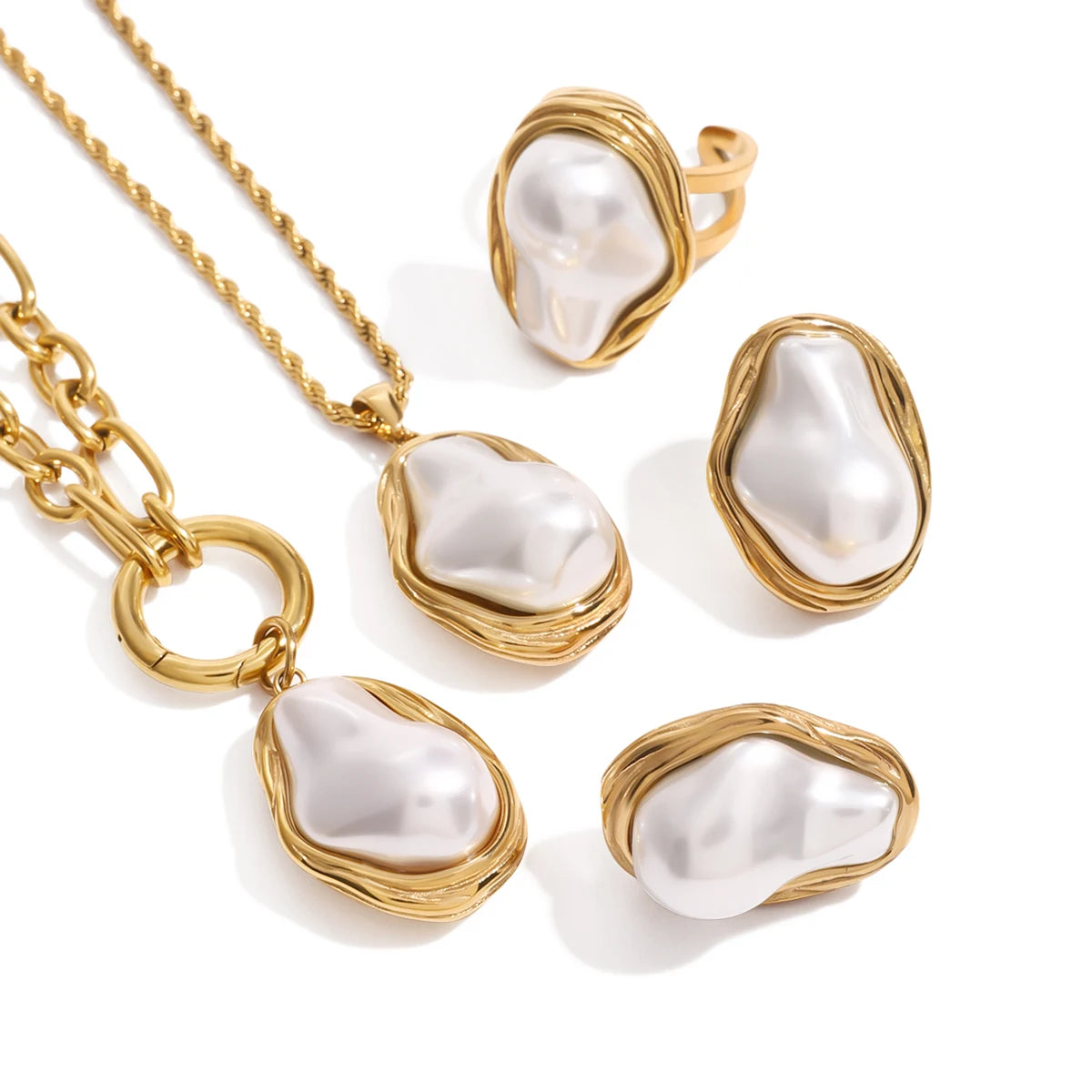 Premium 18K Gold Plated Pearl Necklace, Earrings & Ring Set for Women – Waterproof & Tarnish-Free Luxury Jewellery & Jewelry