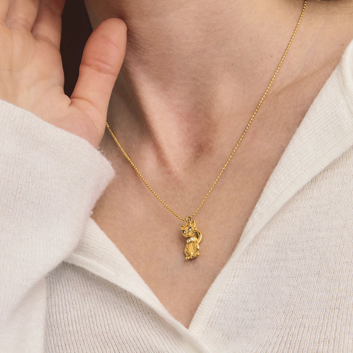 18K vergulde kattenhanger ketting | Gelukskat bedelketting voor kattenliefhebbers