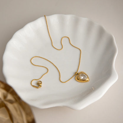 18K vergulde Puffy Heart CZ Hanger Ketting | Waterdichte Ovale Kristallen Hart bedel Ketting met balletjes | Subtiele Romantische Gouden Ketting