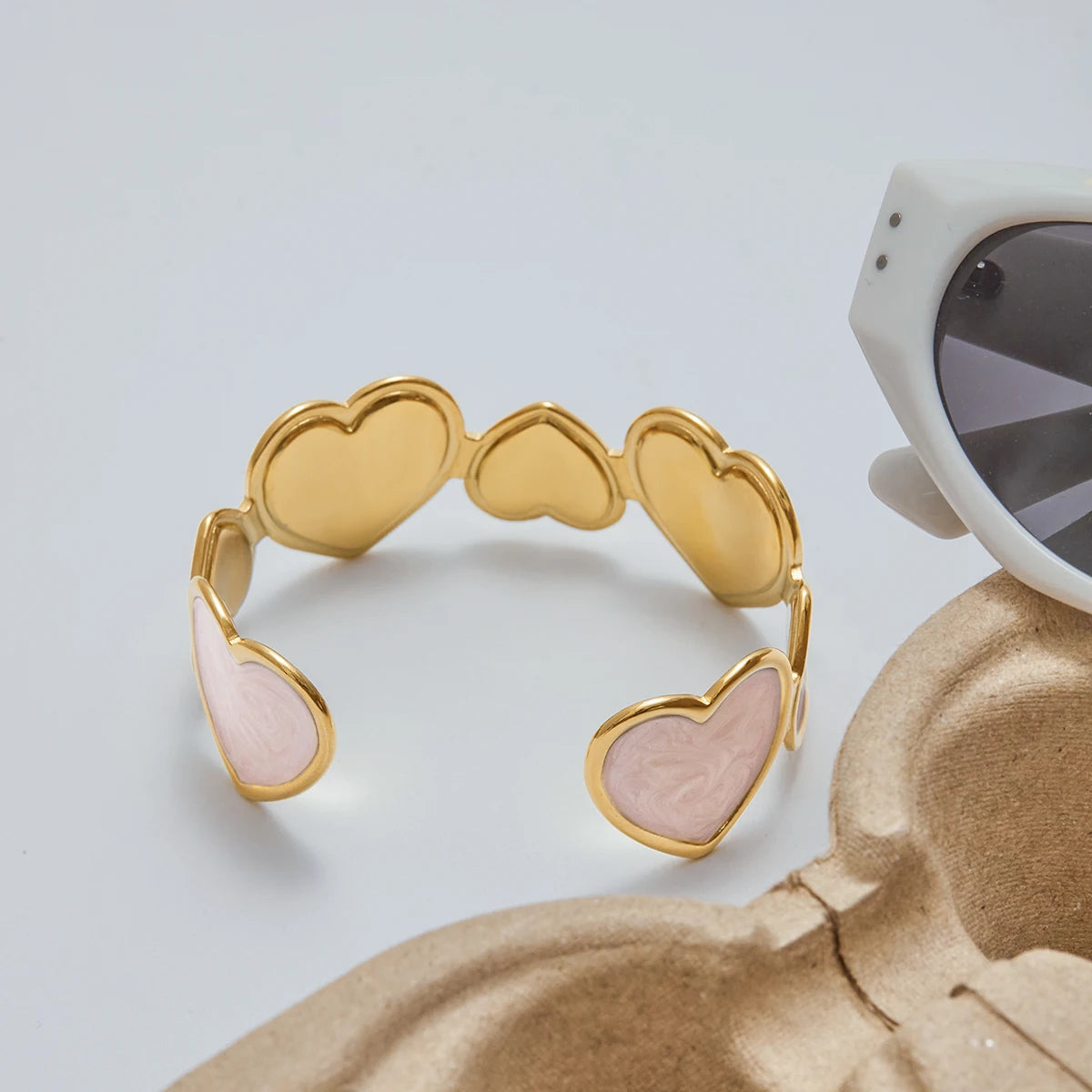Gold Plated Pink Heart Open Cuff Bracelet for Women | Waterproof & Tarnish-Free Jewelry