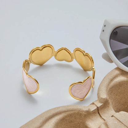 Gold Plated Pink Heart Open Cuff Bracelet for Women | Waterproof & Tarnish-Free Jewelry