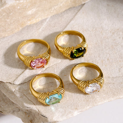 18K Gold Plated Oval Gemstone Ring – Waterproof, Tarnish-Free Statement Jewellery