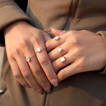18K Gold Plated Adjustable Chain Ring with CZ Stone | Waterproof Dainty Gold Chain Ring | 6 Styles — Round, Heart, Square, Oval, Teardrop & Flower