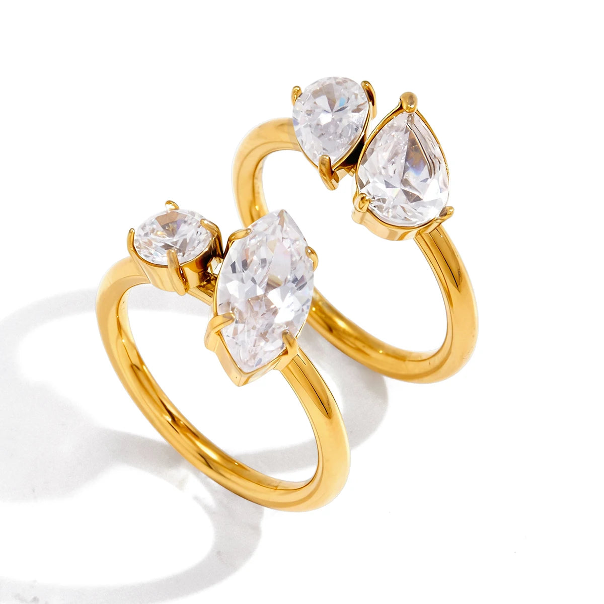 18K Gold Plated Double Stone CZ Open Ring | Waterproof Toi et Moi Ring | Round, Marquise & Pear Cut Diamond Style Ring