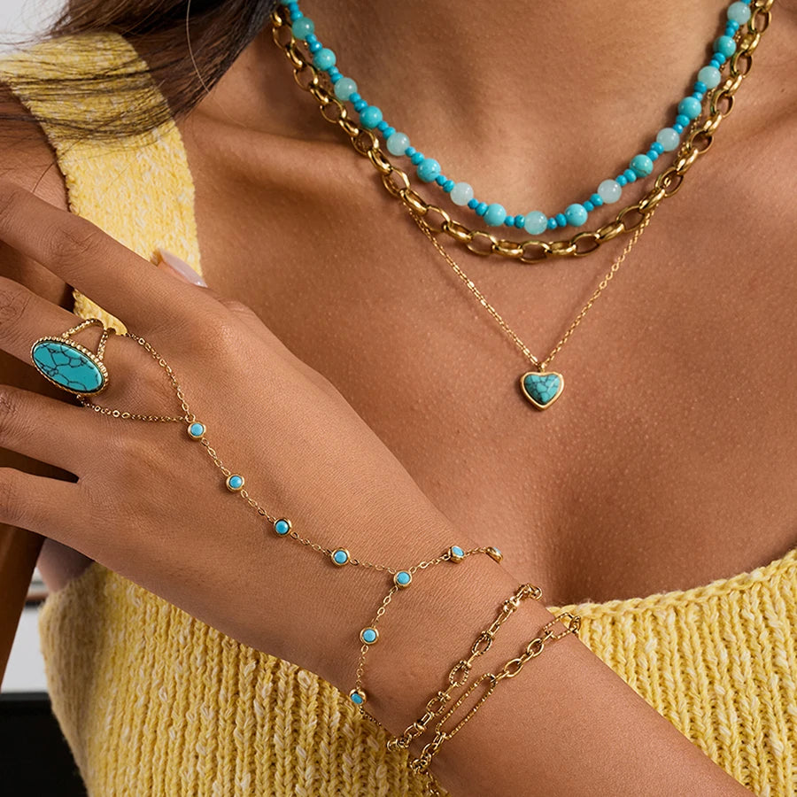 Vergulde Turkooizen Steen Handketting Armband voor Dames | Waterdicht Aanslagvrij Sieraad