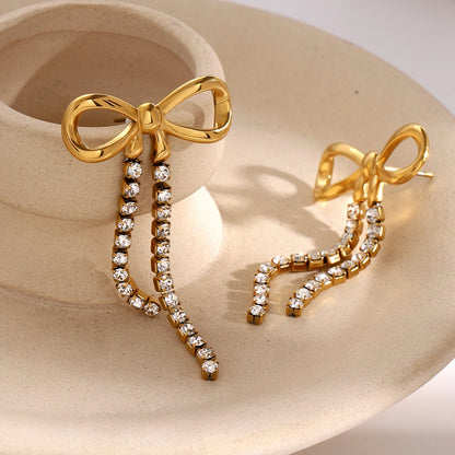 18K vergulde strik kristallen druppel oorbellen – Waterdicht aanslagvrij elegante statement sieraden voor dames
