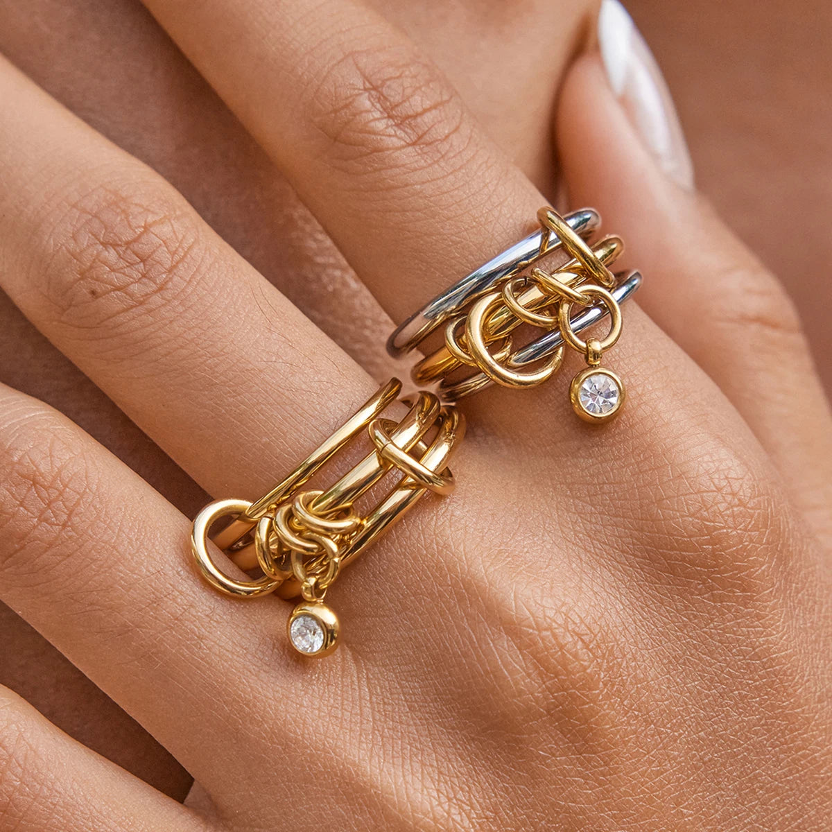 Multi-Band Dangle Charm Ring | Chunky Two-Tone or 18 K Gold Stackable Statement Ring | CZ Drop Waterproof Stainless Steel Jewelry