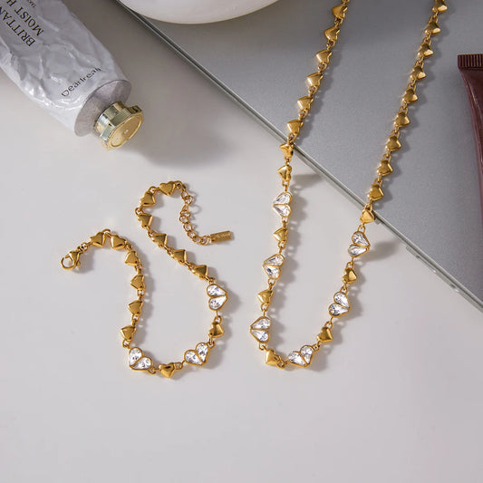 18K Verguld Hart Ketting & Armband Set | Waterdichte CZ Kristal Hart Schakel Sieraden Set | Bijpassende Sierlijke Gouden Hart Set