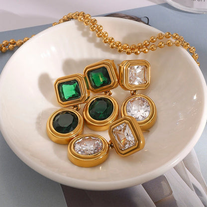 18K Gold Plated Geometric Drop Earrings for Women – Waterproof Tarnish Free Stainless Steel (Green or Clear Stone)