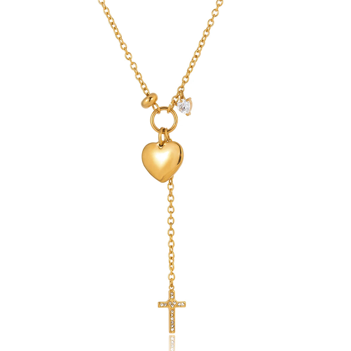 18K Vergulde Hart & Kruis Lariat Y-Ketting | Waterdichte Opgezwollen Hart & Pavé Kruis Hanger Halsketting | Verfijnde Spirituele Gouden Ketting