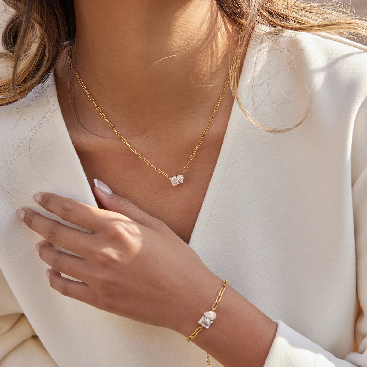 18K Verguld Kristallen Ketting en Armband Set | Elegante Minimale Sieraden