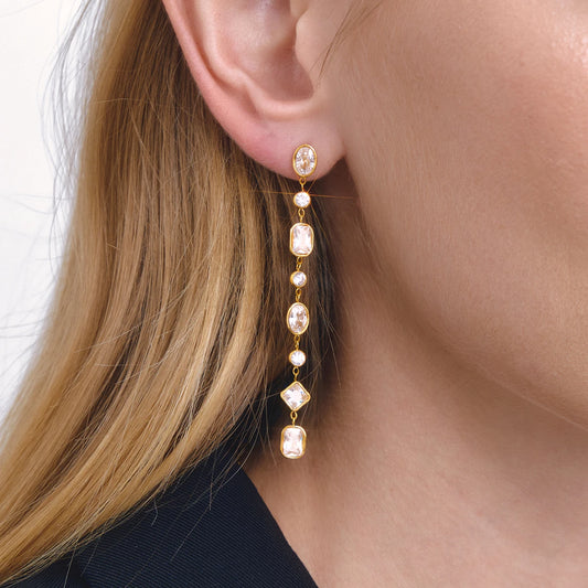 18K Verguld Regenboog Multi-Stone Lange Druppel Oorbellen | Waterdichte Kleurrijke Kristal Ketting Hanger Oorbellen | Luxe Statement Oorbellen