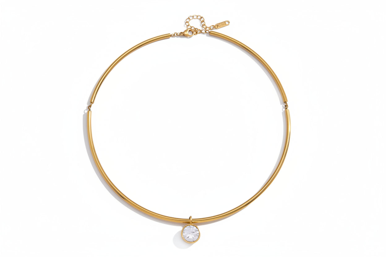 18K Gold Plated Rigid Choker Necklace with CZ Charm | Waterproof Minimalist Gold Tube Collar Necklace | Available in Round, Oval, Marquise & Pear Cut