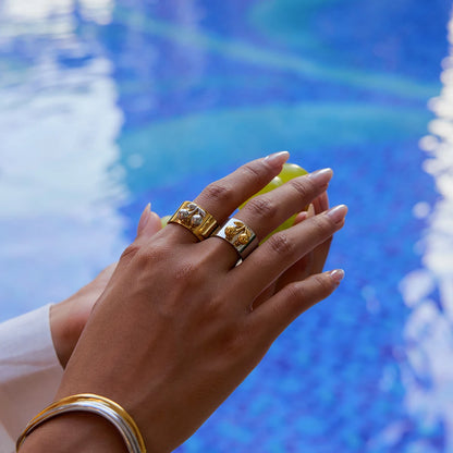 Chunky Two-Tone Gold & Silver Stainless Steel Statement Ring | Modern Wide Band Heart & Cherry Design | Waterproof Bicolor Fashion Jewelry