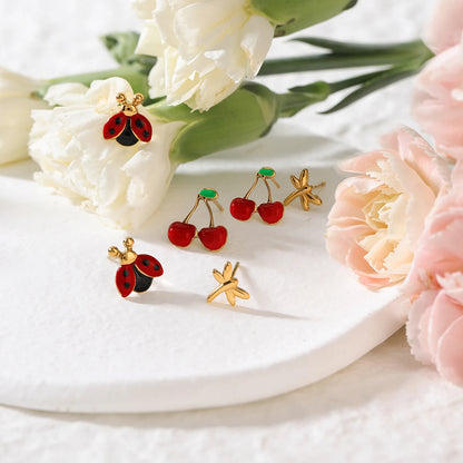 18K Gold Plated Cute Stud Earrings Set for Women – Waterproof Tarnish Free Stainless Steel Insect & Fruit Jewellery (3 Pairs)