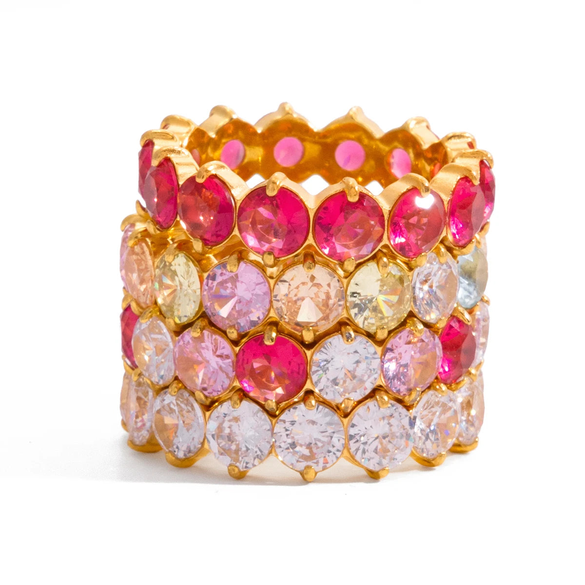 Luxurious Gold Plated Ruby Eternity Ring | Stackable Pink Gemstone Band | Dainty Full Circle Jewelry for Women