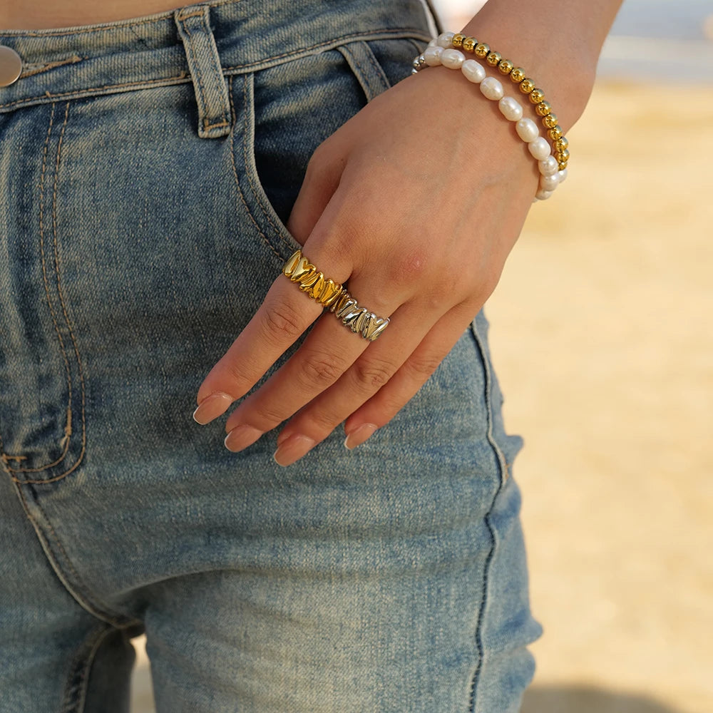 18K Gold Plated Heart Band Ring – Waterproof, Tarnish-Free Statement Ring (Gold & Silver)