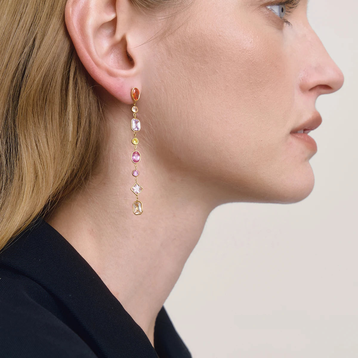 18K Gold Plated Rainbow Multi-Stone Long Drop Earrings | Waterproof Colourful Crystal Chain Dangle Earrings | Luxury Statement Earrings
