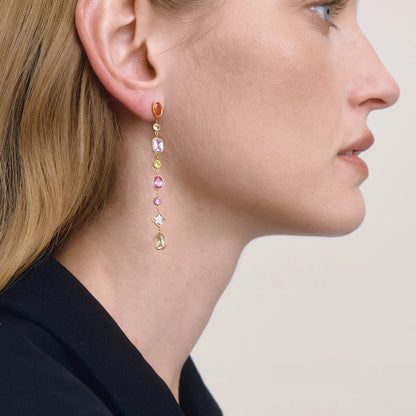18K Gold Plated Rainbow Multi-Stone Long Drop Earrings | Waterproof Colourful Crystal Chain Dangle Earrings | Luxury Statement Earrings