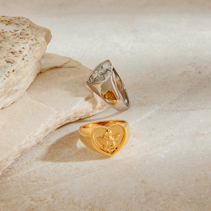 Vintage Cherub Hart Ring | Verguld & Verzilverd Engelen Ring | Waterdichte Chunky Esthetische Statement Sieraden
