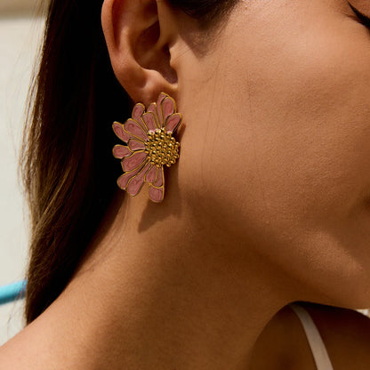 18K Gold Plated Floral Stud Earrings Set for Women – Waterproof Tarnish Free Stainless Steel Jewellery (Pink & White Variants)