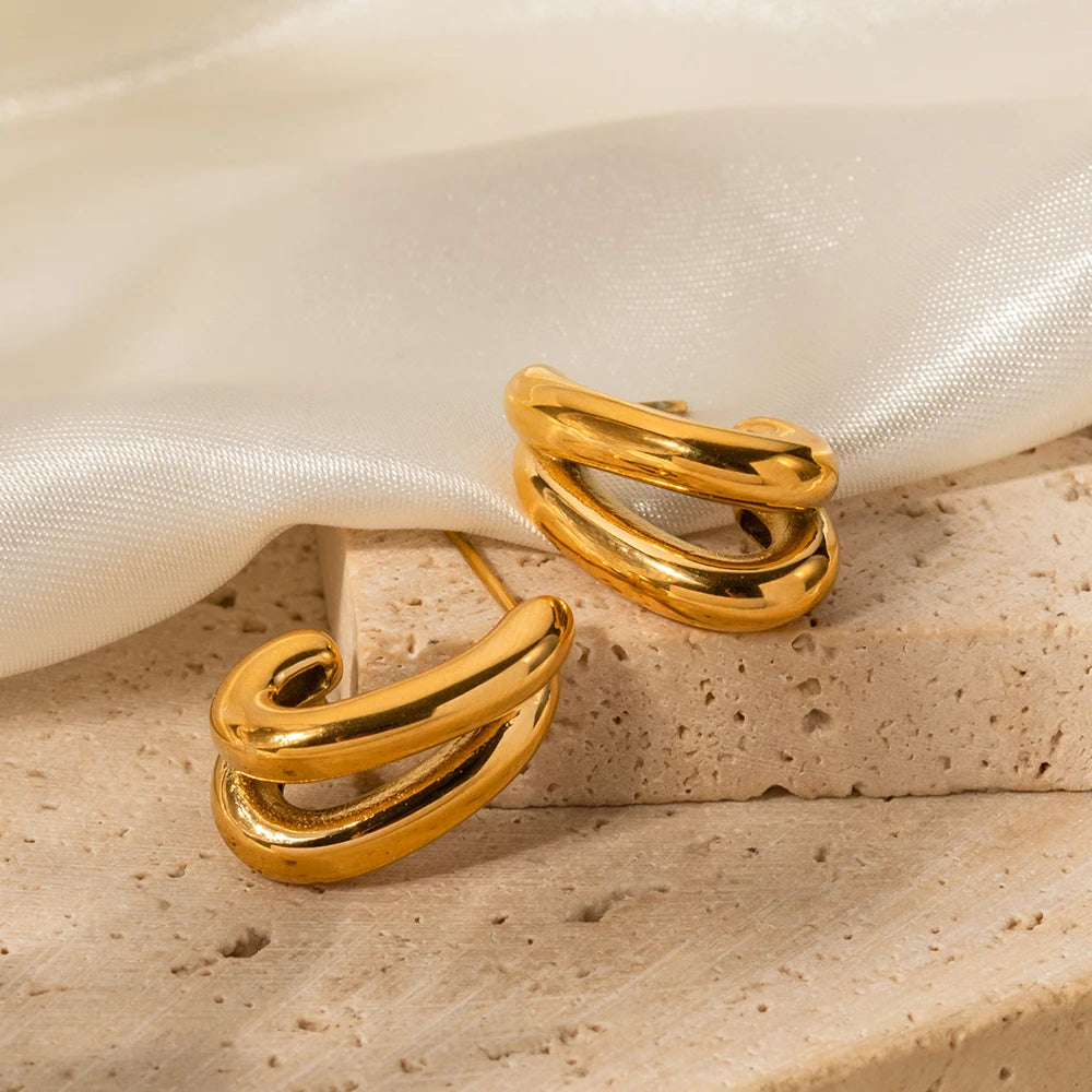 18K Gold Plated Double Hoop Stud Earrings for Women – Waterproof Tarnish Free Stainless Steel Jewellery