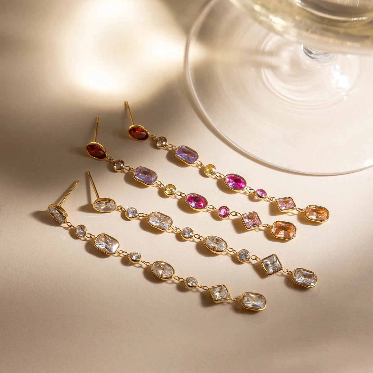18K Gold Plated Rainbow Multi-Stone Long Drop Earrings | Waterproof Colourful Crystal Chain Dangle Earrings | Luxury Statement Earrings