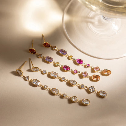 18K Gold Plated Rainbow Multi-Stone Long Drop Earrings | Waterproof Colourful Crystal Chain Dangle Earrings | Luxury Statement Earrings