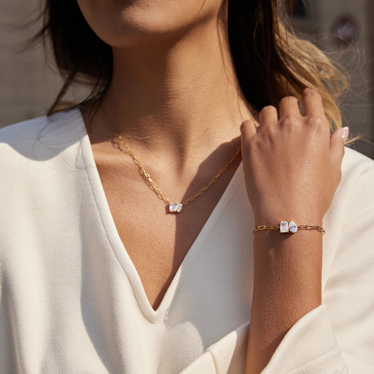 18K Verguld Kristallen Ketting en Armband Set | Elegante Minimale Sieraden