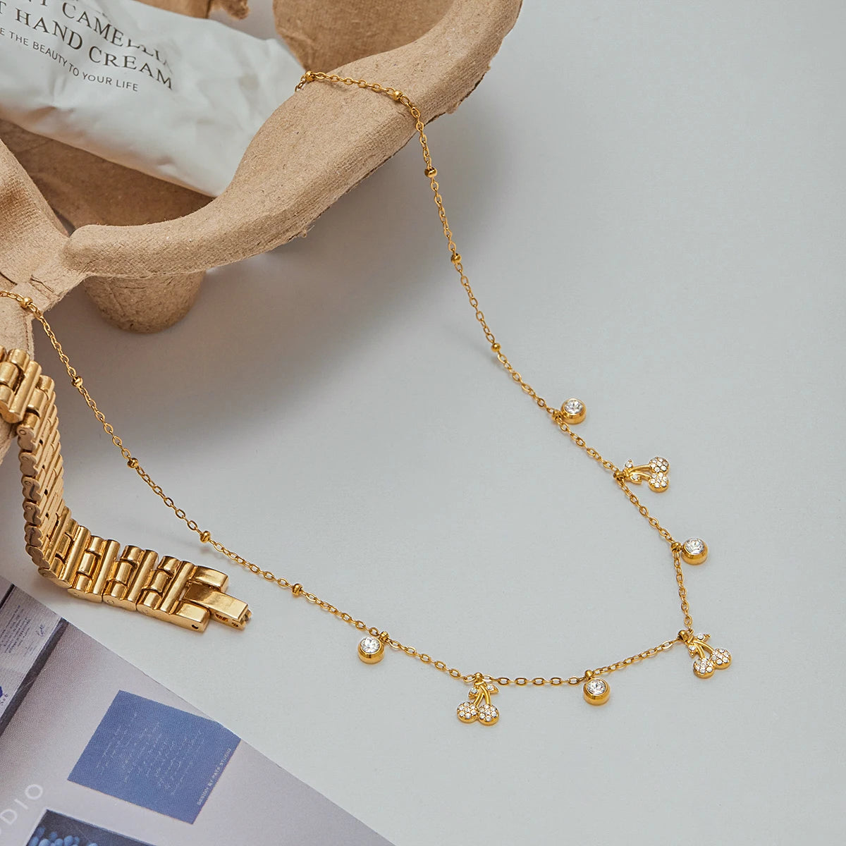 Witte Strass Kers Hanger Ketting Voor Cadeau 18K Verguld Roestvrij Staal Elegante Luxe Bedel Hanger Sieraden