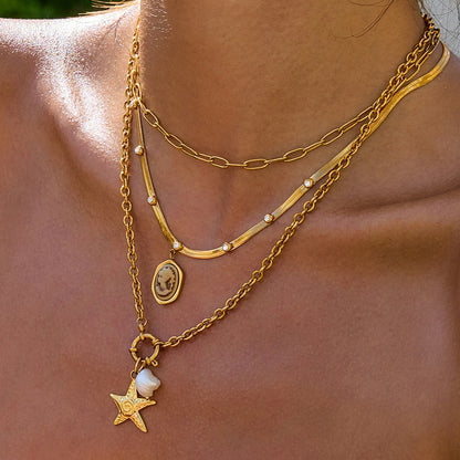 Vergulde kettingenset | Schelp Zeester & Cameo Hanger | Sierlijke Boho Sieraden