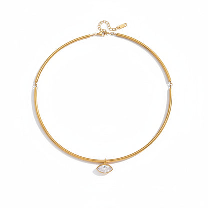 18K vergulde stijve choker ketting met zirkonia hanger | Waterdichte minimalistische gouden buisvormige halsketting | Verkrijgbaar in rond, ovaal, marquise & peervormig geslepen