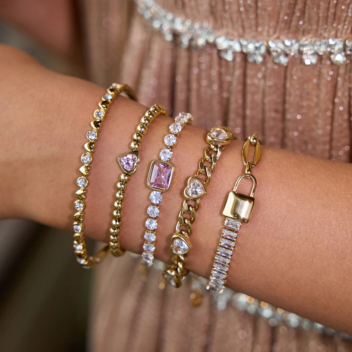Gold Crystal Bracelet Stack for Women | Waterproof Gold Plated Statement Jewellery