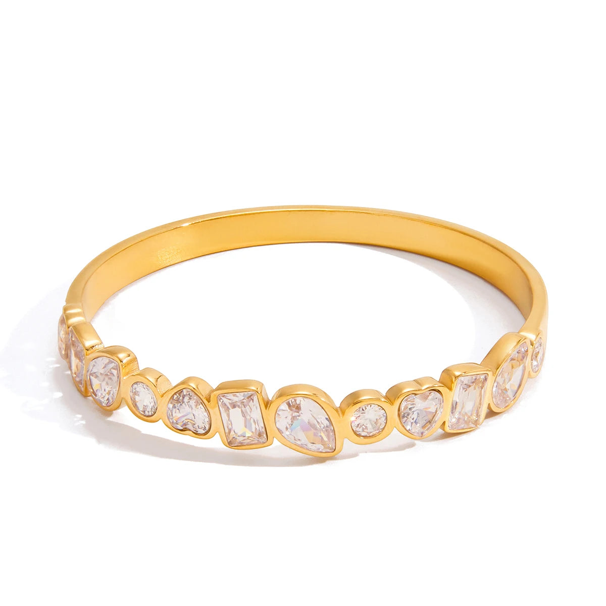18K Gold Plated Multi-Shape CZ Bangle Bracelet | Waterproof Mixed Cut Crystal Bezel Bangle | Diamond Style Statement Bangle