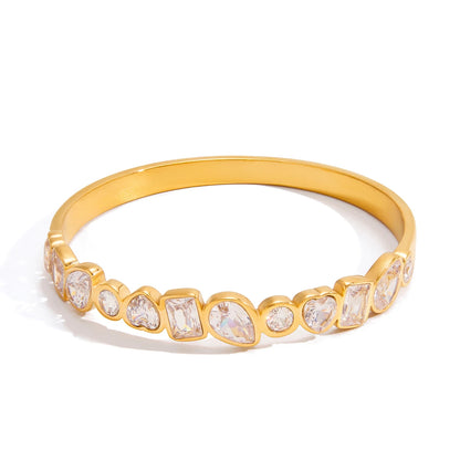18K Gold Plated Multi-Shape CZ Bangle Bracelet | Waterproof Mixed Cut Crystal Bezel Bangle | Diamond Style Statement Bangle