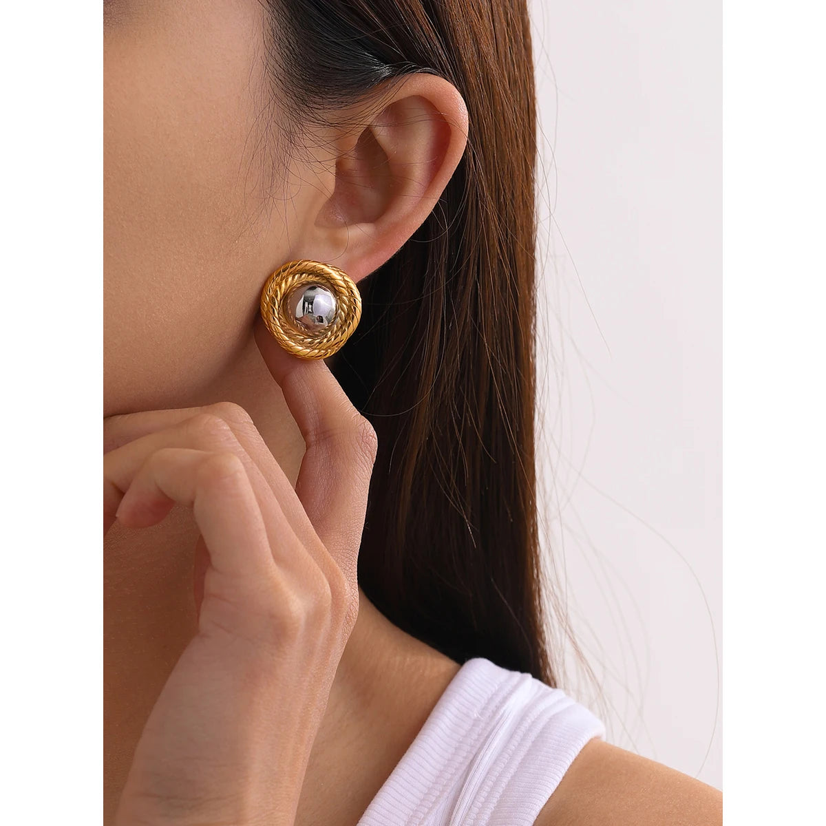 18K Gold Plated Textured Round Stud Earrings for Women – Waterproof Tarnish Free Stainless Steel Jewellery