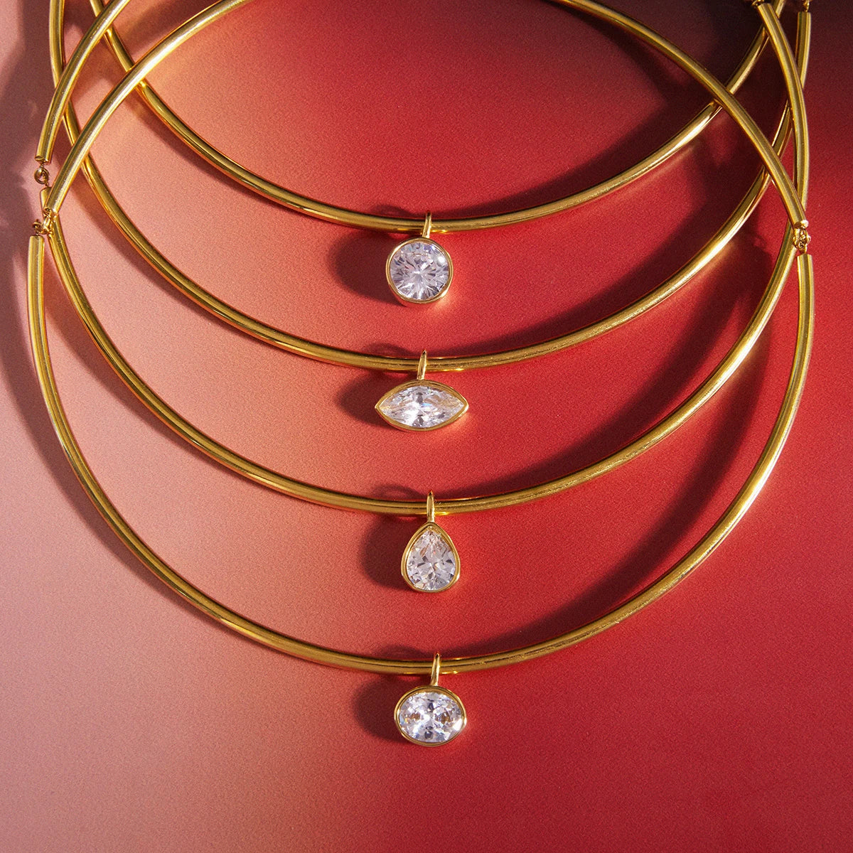 18K Gold Plated Rigid Choker Necklace with CZ Charm | Waterproof Minimalist Gold Tube Collar Necklace | Available in Round, Oval, Marquise & Pear Cut