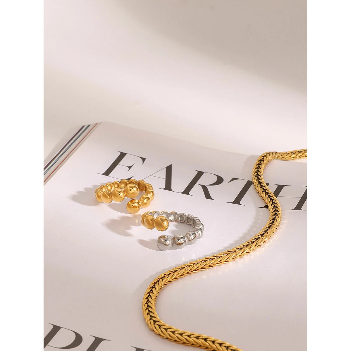 18K Vergulde Bubble Kraal Open Ring | Verstelbare Waterdichte Ball Chain Ring | Verkrijgbaar in Goud & Zilver