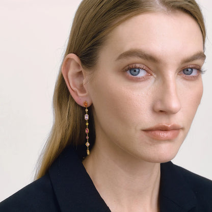18K Gold Plated Rainbow Multi-Stone Long Drop Earrings | Waterproof Colourful Crystal Chain Dangle Earrings | Luxury Statement Earrings